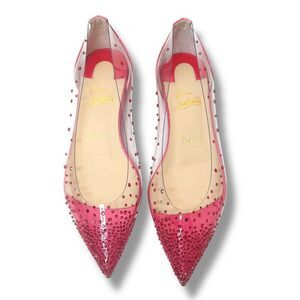 Christian Louboutin Degrastrass Hot Pink PVC Crystal Pointed Toe Flats Size 37.5